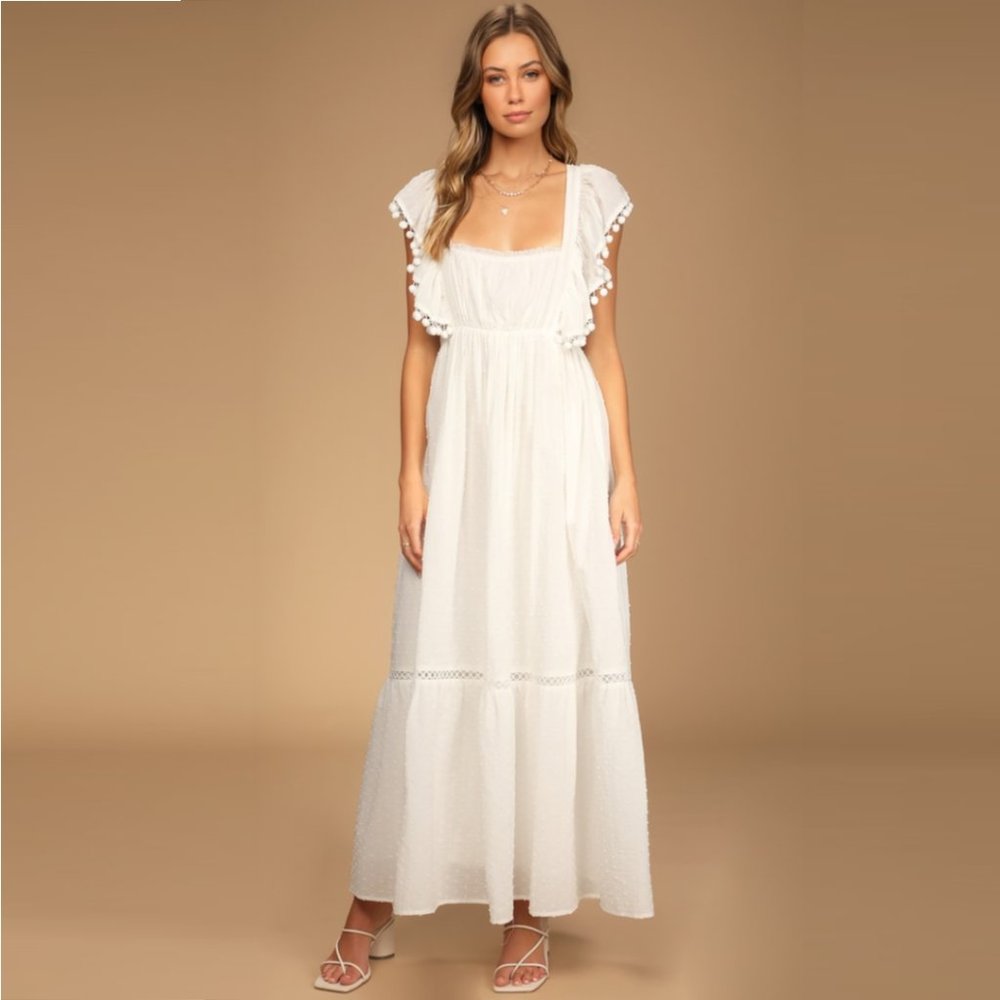 NWT Lulu’s White Swiss Dot Tie-Back Maxi Dress Size Small